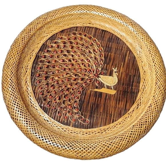 SET OF TWO Vintage 1970s Wicker Peacock Wall Hanging Boho Rattan Woven Art - Picture 1 of 13